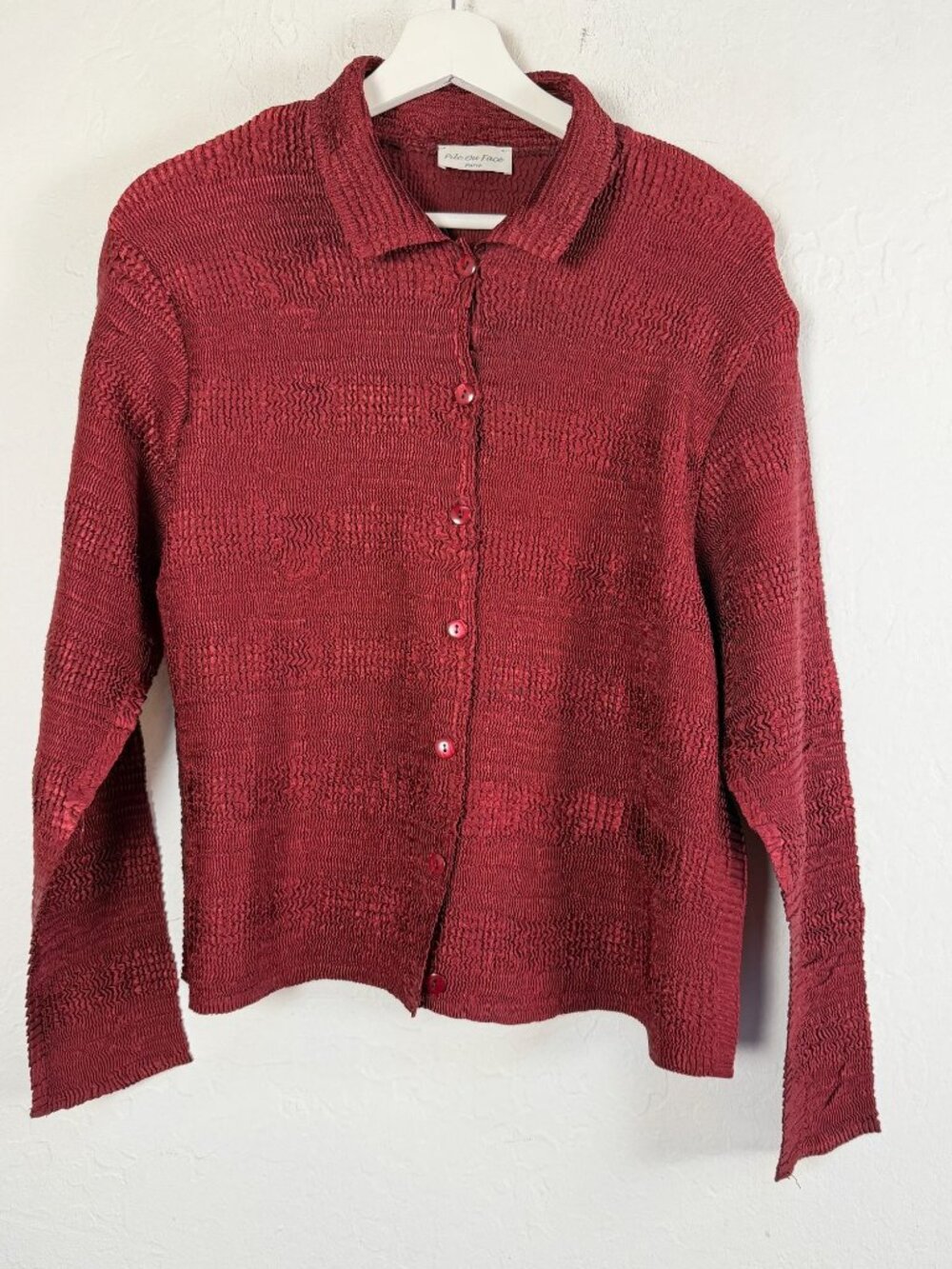 Pile Ou Face Paris Burgundy Crinkle Pleated Jacket Button Front Textured Vintage